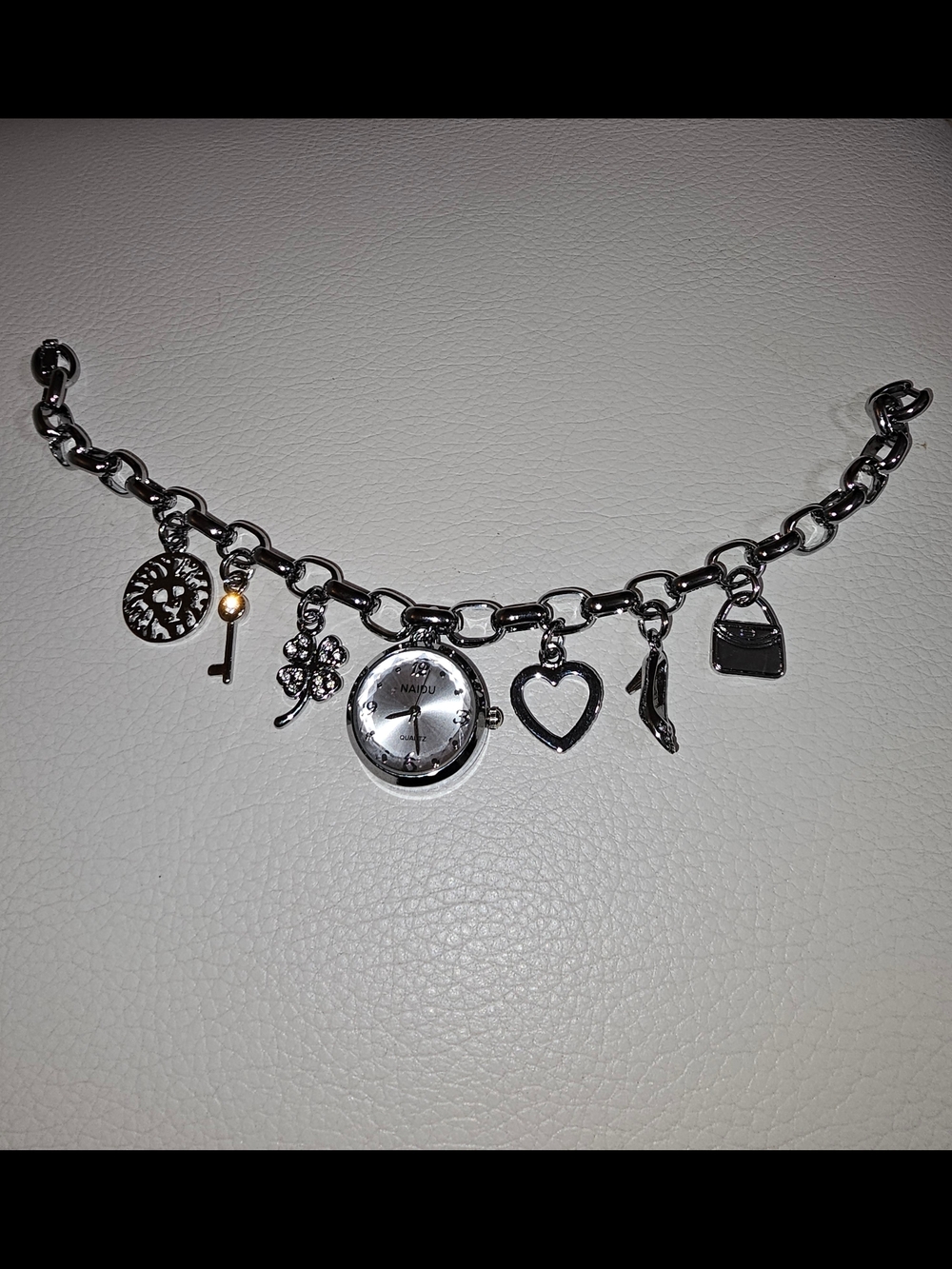 Silver Charm Bracelet Watch with Heart & Purse Charms